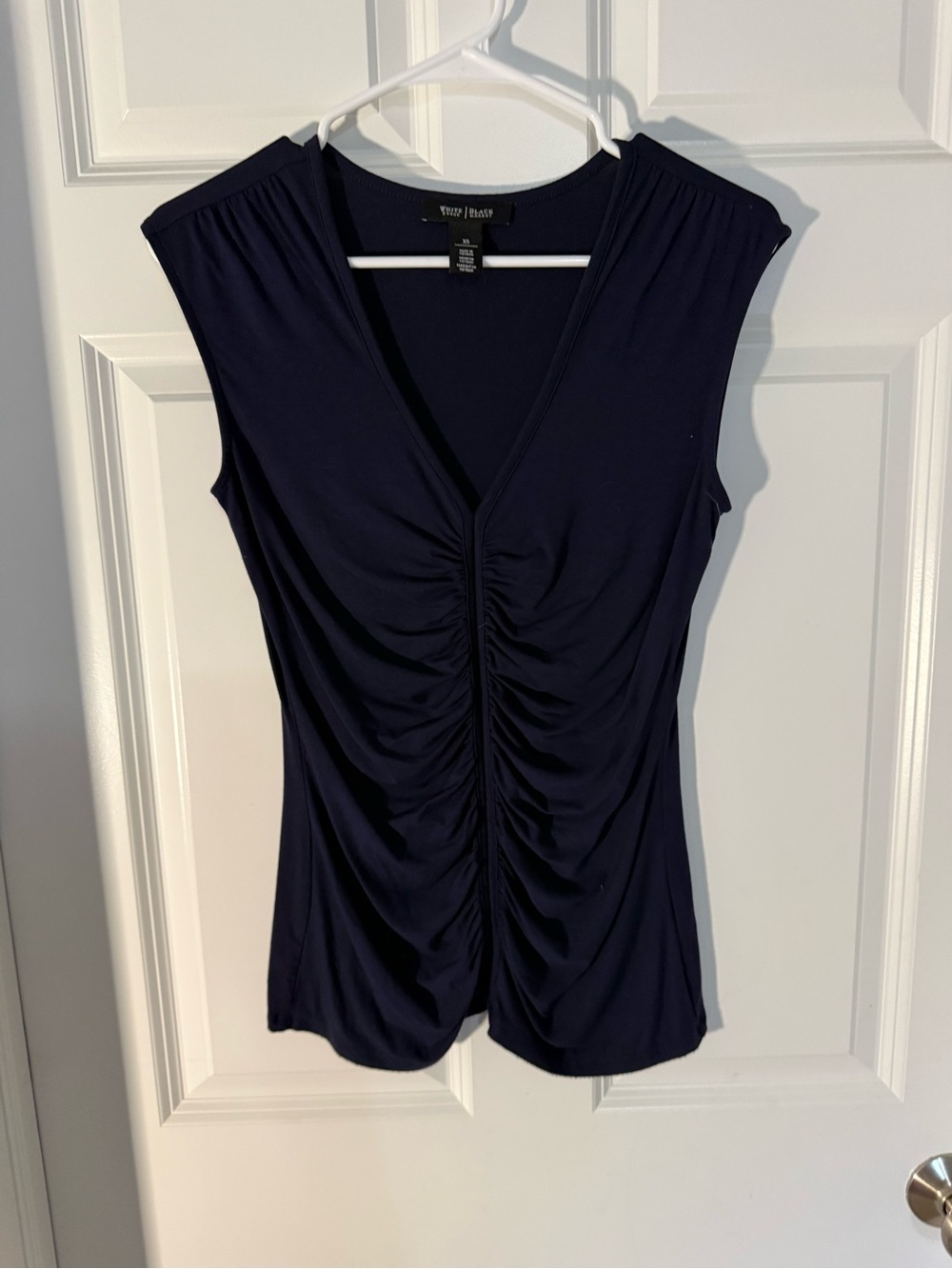 White House Black Market Navy Blue Ruched Sleeveless V-Neck Top Blouse Size XS